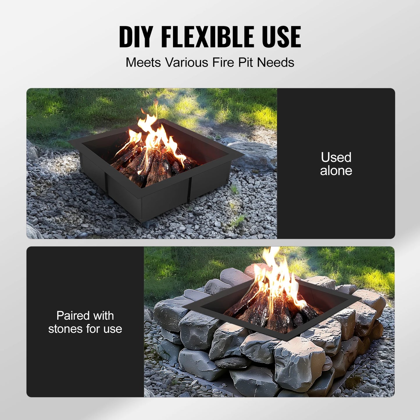 SucceBuy Square Fire Pit Ring 36x36 Inch Outer 30x30 Inch Inner Diameter 10 Inch Height Outdoor Camping Bonfire Insert