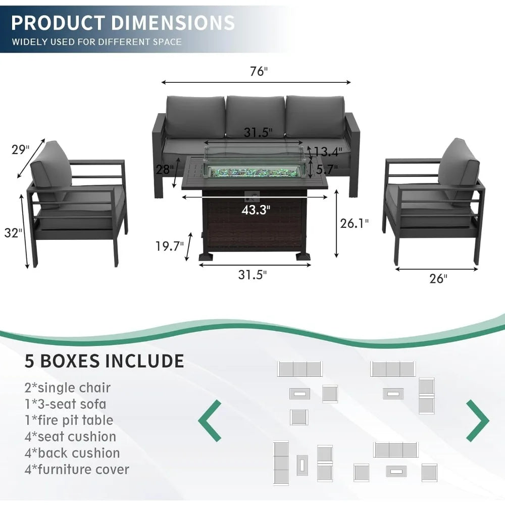 Patio Furniture Set with Fire Pit Table 6 Pcs Aluminum Outdoor Sectional Metal Modern Sofa Set