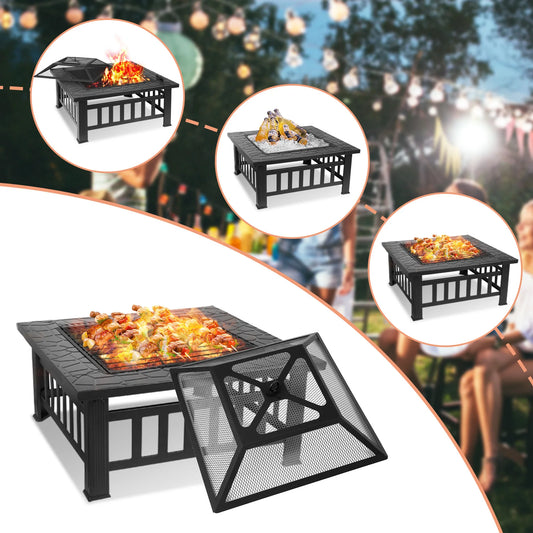 AOOU Steel 32 Inch Square Wood Burning Fire Pit Table Outdoor Patio Firepit Bonfire Party