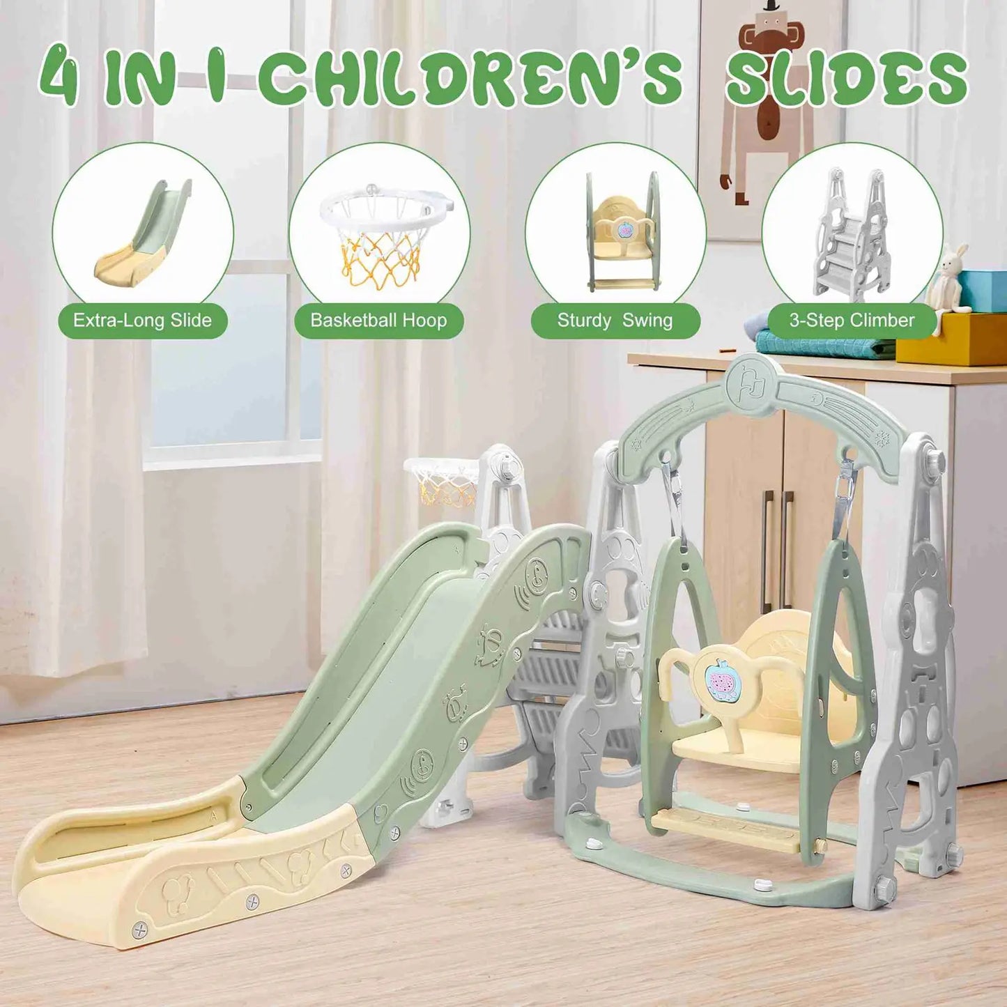 4 In 1 Slide Toy Fully Enclosed Pedal Enhanced Safety Easy Setup Playground Slide Swing Playset Green