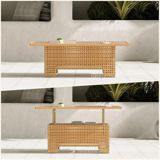 Beige Wicker Rattan Lift Top Coffee Dining Table Outdoor