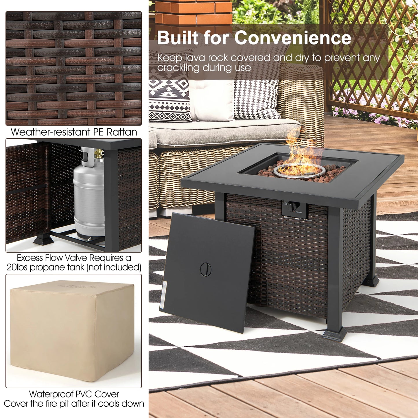7 Piece Patio Rattan Furniture Set With Fire Pit Table Glass Top And Cushions Black