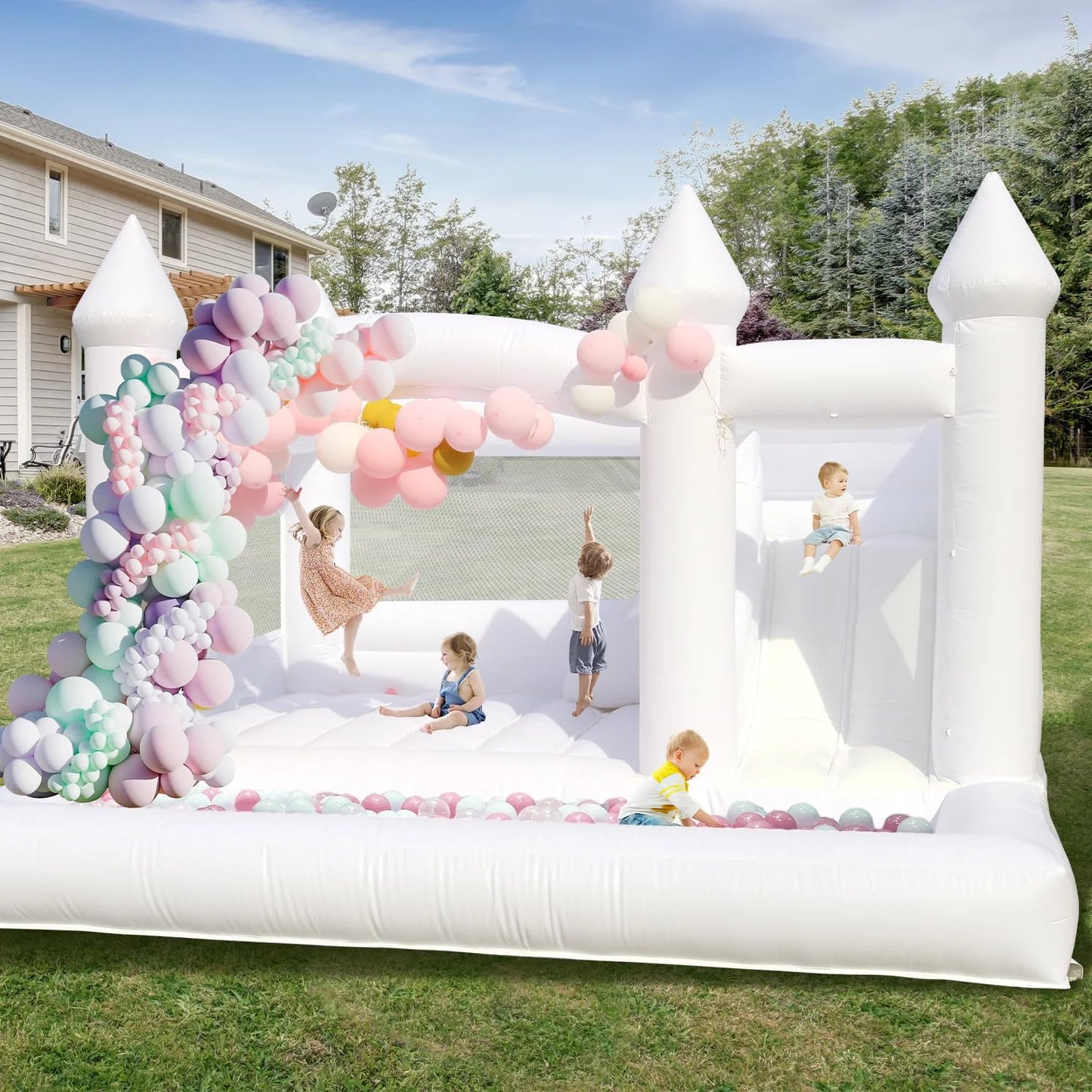 15FT PVC White Bounce House With Slide And Ball Pit Large Jumper Bouncy Inflatable Castle For Wedding Birthday Party Decoration