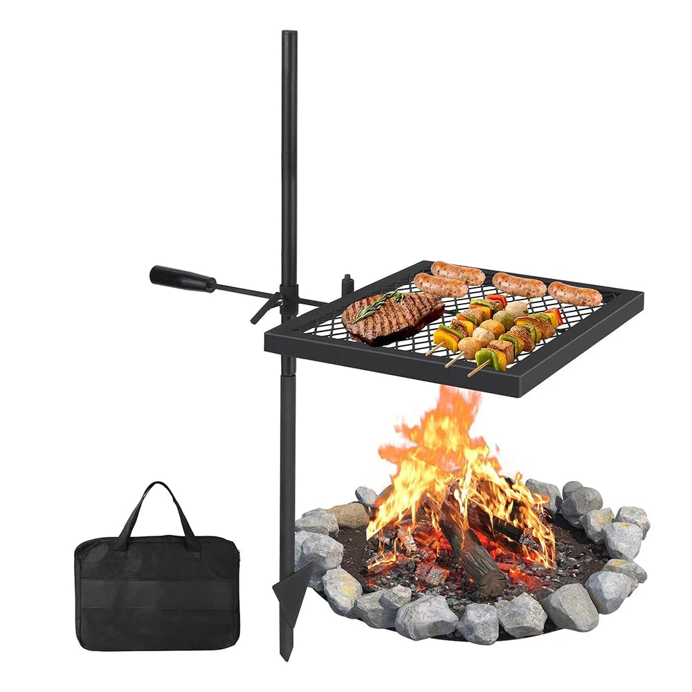 Swivel Campfire Grill With Carrying Bag Heavy Duty Steel Fire Pit Grate 360 Degree Adjustable Open Fire Grill