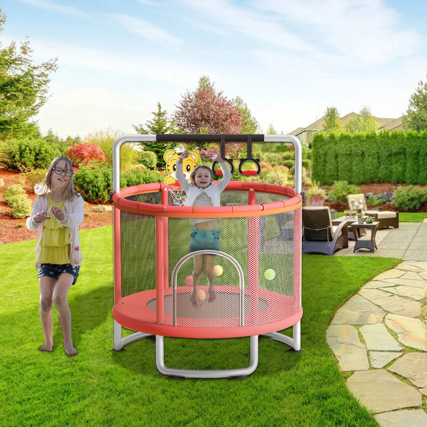Indoor Trampoline With Protective Net For Adults And Kids 60 Inch Jumping Bed Outdoor Exercise Fitness Equipment