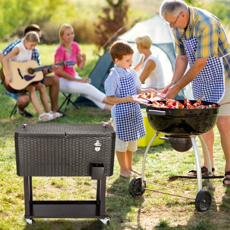 Outdoor Rattan 80QT Party Patio Rolling Cooler Ball Cart Cold Beer Drink Case