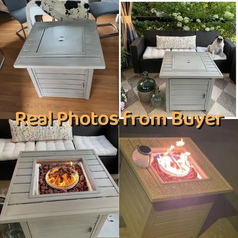 28 Inch Propane Fire Pit Table Outdoor Gas Firepit with Lid and Lava Rock 50000 BTU Square Modern Iron Fire Pit for Dining and Parties