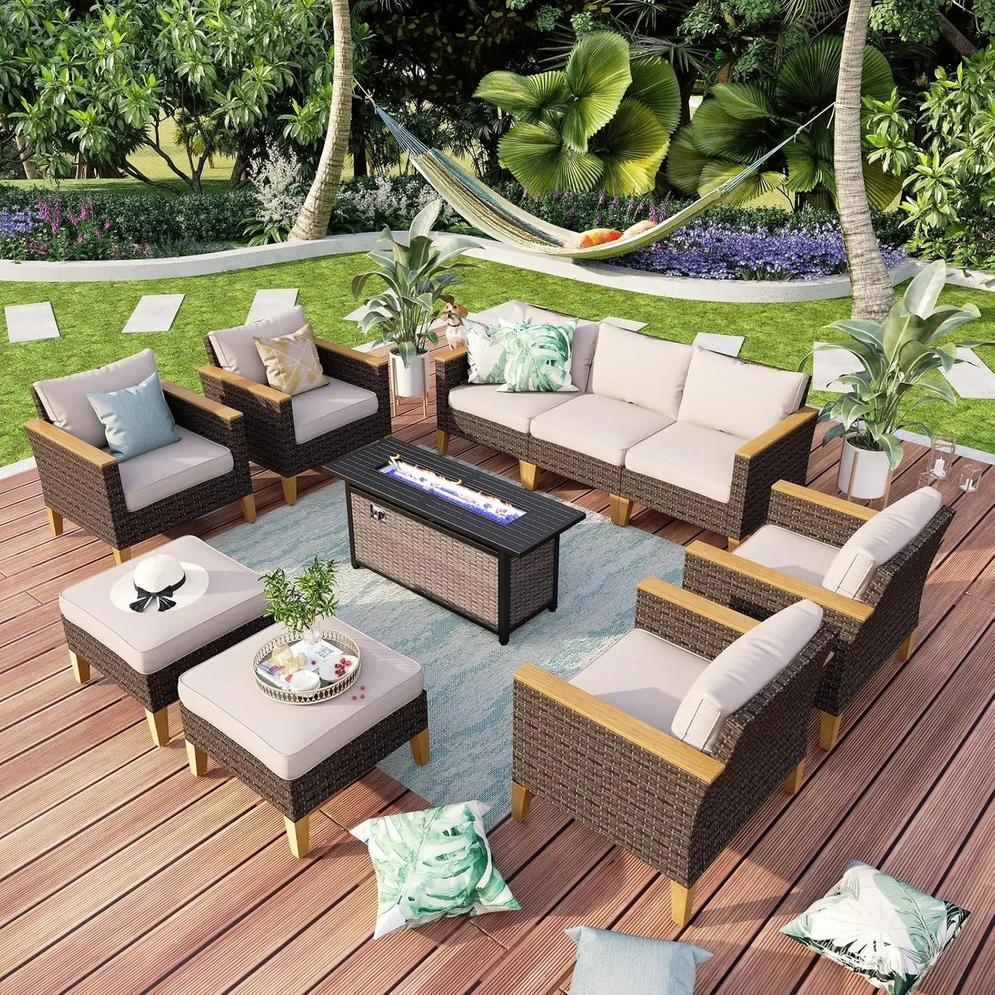 9 Piece Wicker Patio Furniture Set with 56 Inch Fire Pit Table All Weather PE Rattan Sectional Sofa Conversation Set