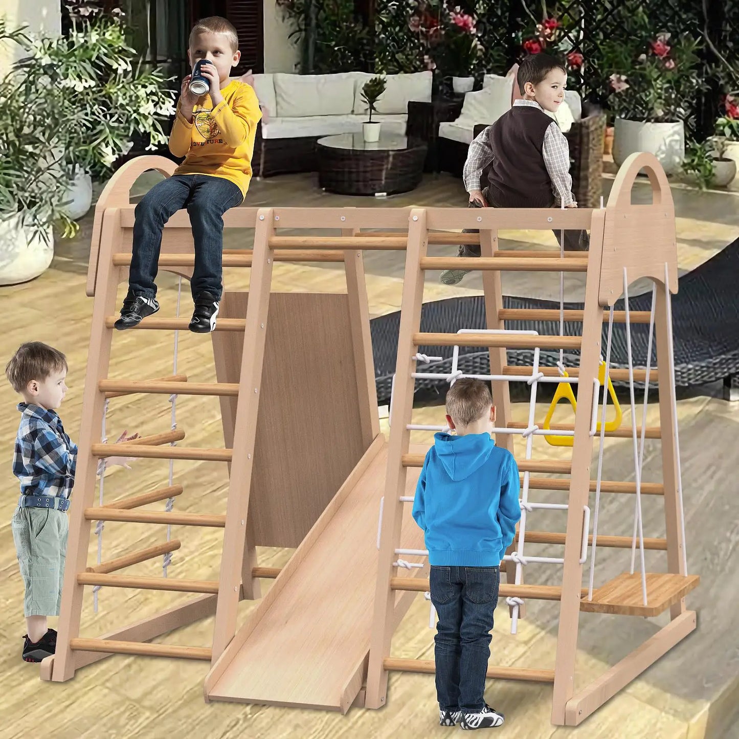 7 in 1 Indoor Jungle Gym Playset for Kids 2 to 6 Years Slide Climbing Wall Swing Monkey Bars Montessori Wooden Playground