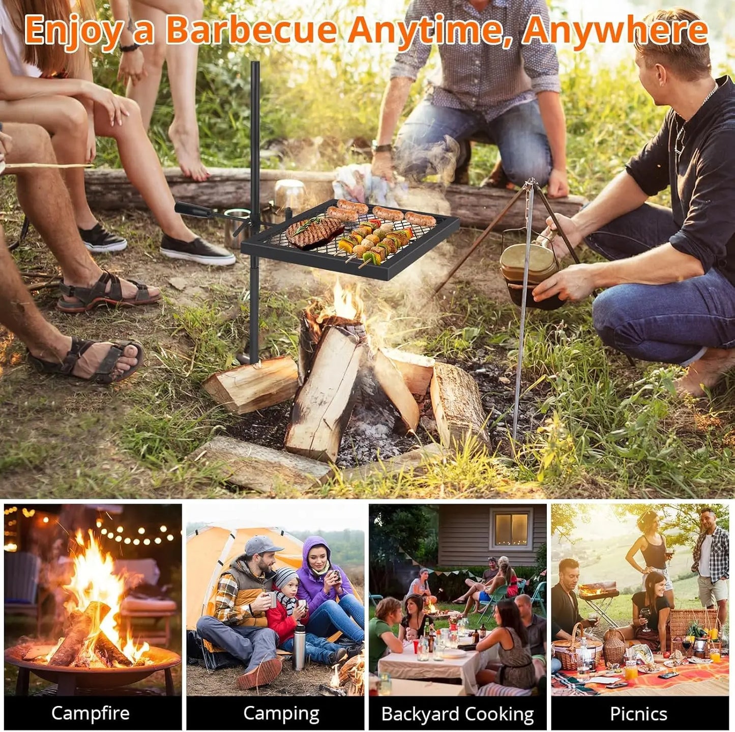 Swivel Campfire Grill With Carrying Bag Heavy Duty Steel Fire Pit Grate 360 Degree Adjustable Open Fire Grill