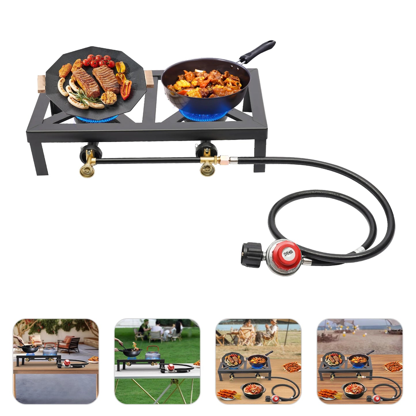 Double Propane Camping Stove With Regulator Hose Iron