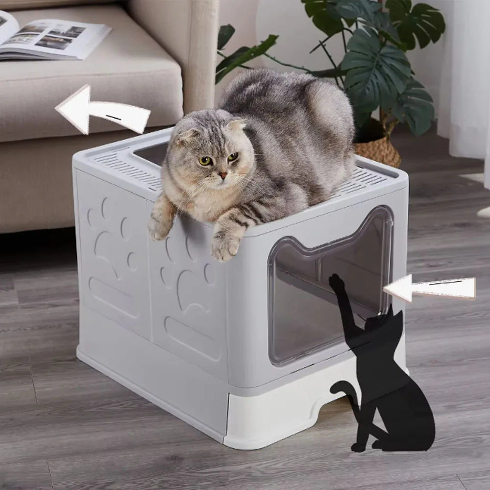 Foldable Litter Box With Drawer And Scooper For Cats