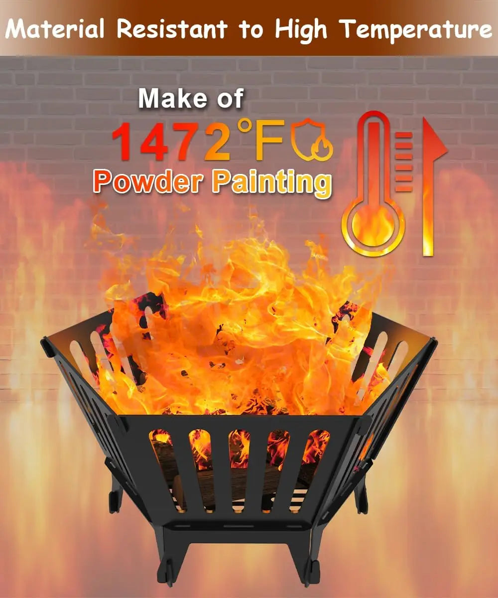 22.5 Inch Portable Hexagonal Wood Burning Fire Pit with Carrying Bag for Camping and Outdoor Patio