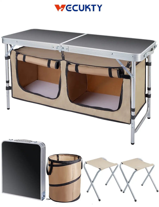 Portable Camping Table Set Aluminum Kitchen Station with Storage Adjustable Feet and Trash Can Brown