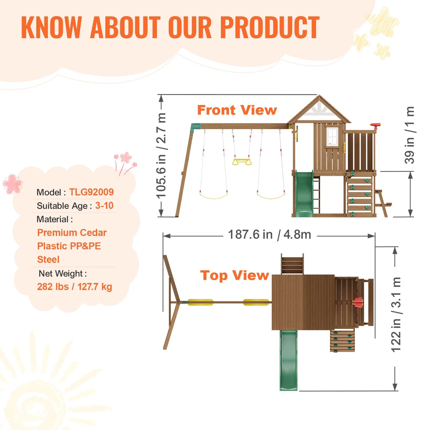 VEVOR Wooden Swing Set 9 in 1 Outdoor Playground Set for Backyards with 2 Swings Trapeze Bar and 6 FT Slide Large Upper Fort