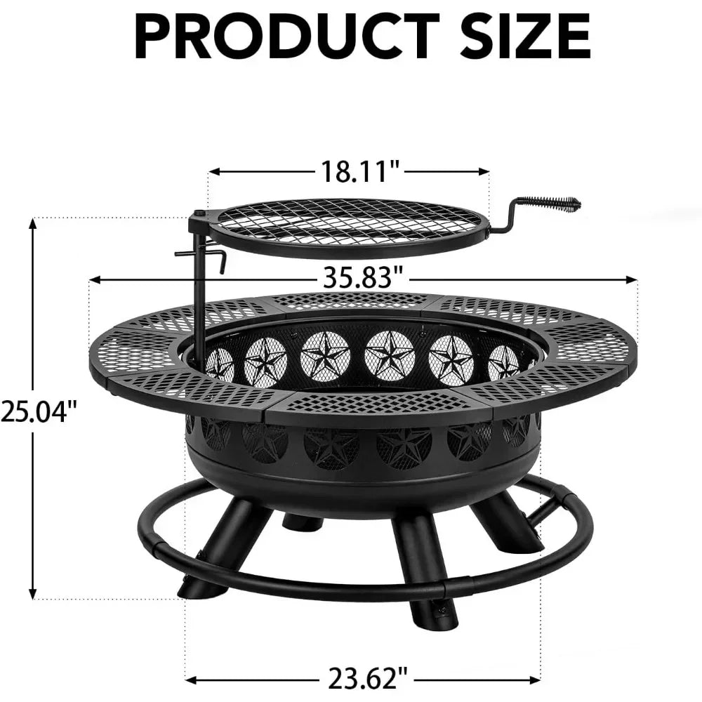 36 Inch Outdoor Wood Burning Fire Pit with Cooking Grill and Lid 3 in 1 Backyard Deck Bonfire Firepit