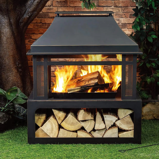 Outdoor Wood Burning Fireplace with Wood Storage and Removable Fire Grill 40 Inch Large Metal Wicker Base Fire Pit for Patio
