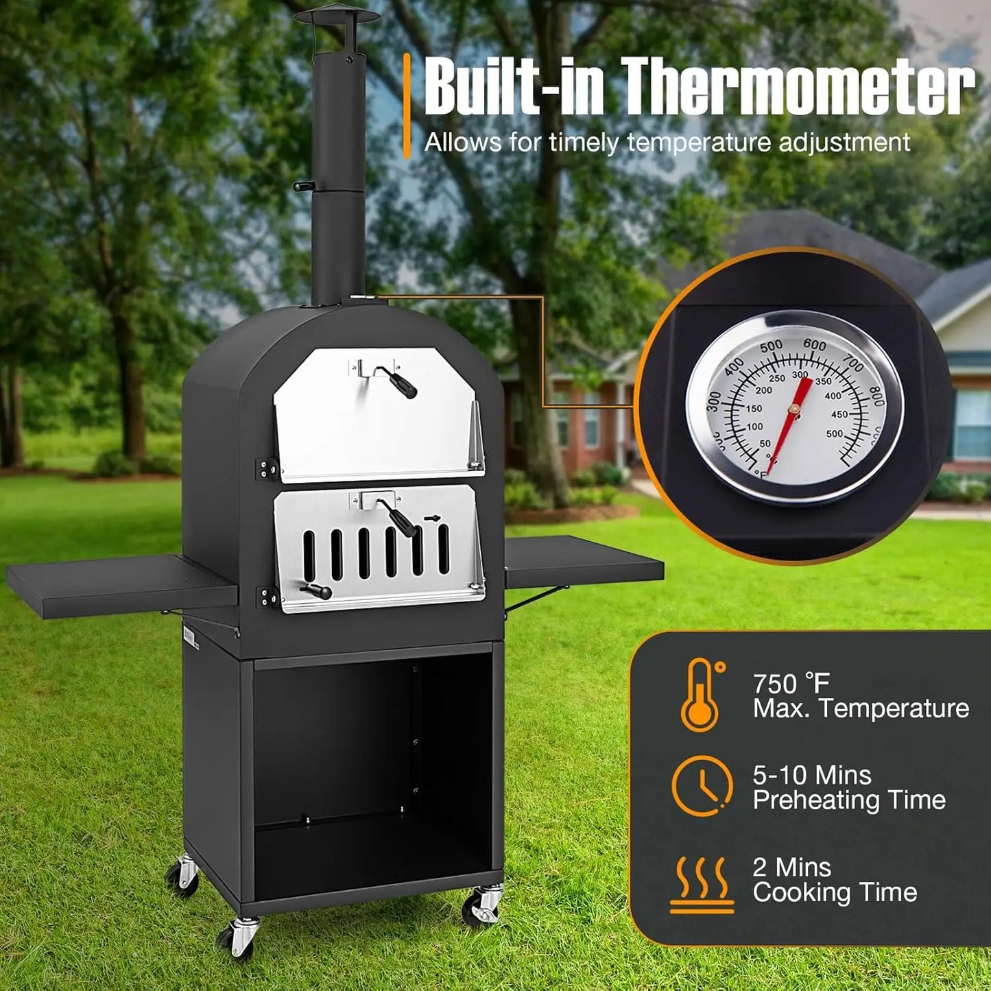 Pizza Oven Outdoor Wood Fired Oven With Two Side Tables Stone Peel Cover Cooking Grids