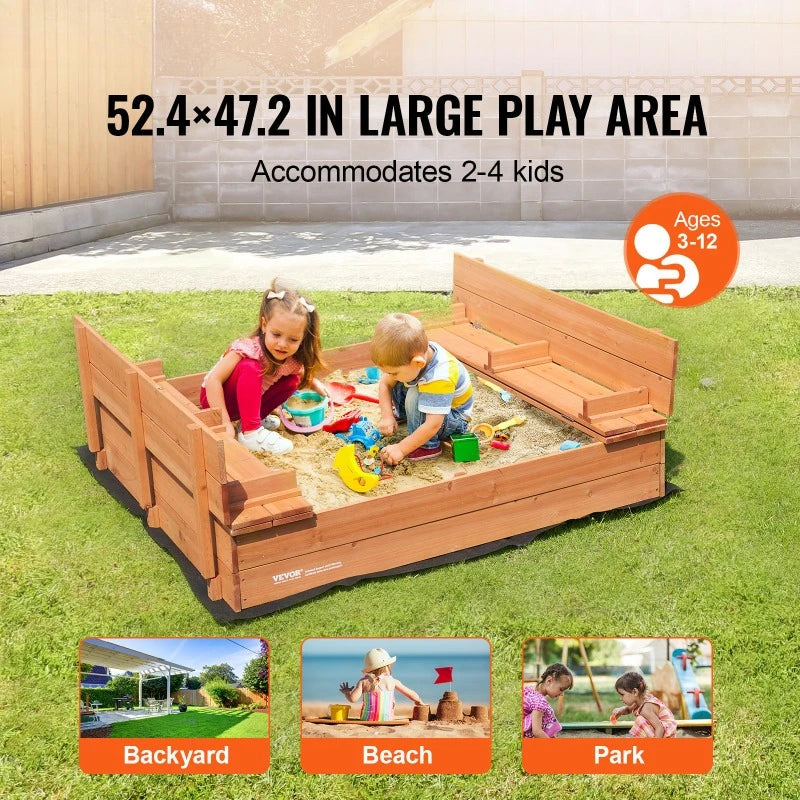 Wooden Sandbox 52.4 x 47.2 x 16.9 Inch Natural Wood Kids Sandbox Backyard Gift for Boys and Girls Ages 3 to 12