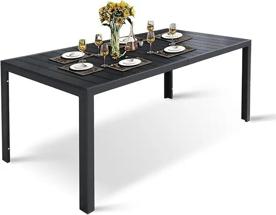 Outdoor Dining Table for 8 Person 71 Inch Aluminum Patio Dining Table with Adjustable Umbrella Hole Slat Rectangle Table Brown and White