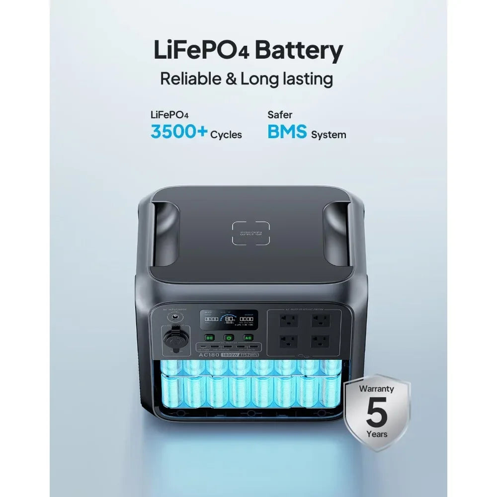 Solar Generator AC180 1152Wh LiFePO4 Battery 4 AC Outlets 1800W Portable Camping Power Station