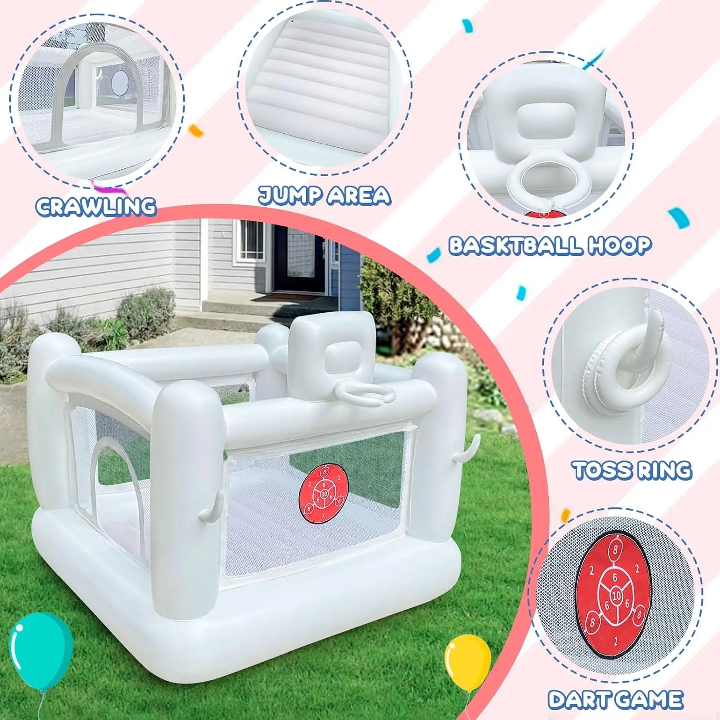 White Bounce House with Pump Kids Ball Pit Inflatable Trampoline for Kids 3 to 6 Years Indoor or Outdoor Playhouse
