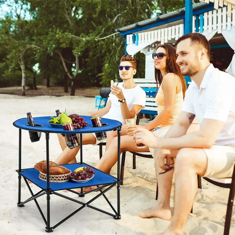 2-Tier Foldable Camping Table with Carrying Bag and 4 Cup Holders for BBQ and Outdoor Use