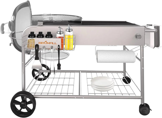 Grill Table Stand Cart for Weber 22 Inch and 18 Inch Original Kettle Jumbo Joe and Master Touch Charcoal Grill Outdoor Prep Table Cooking Station