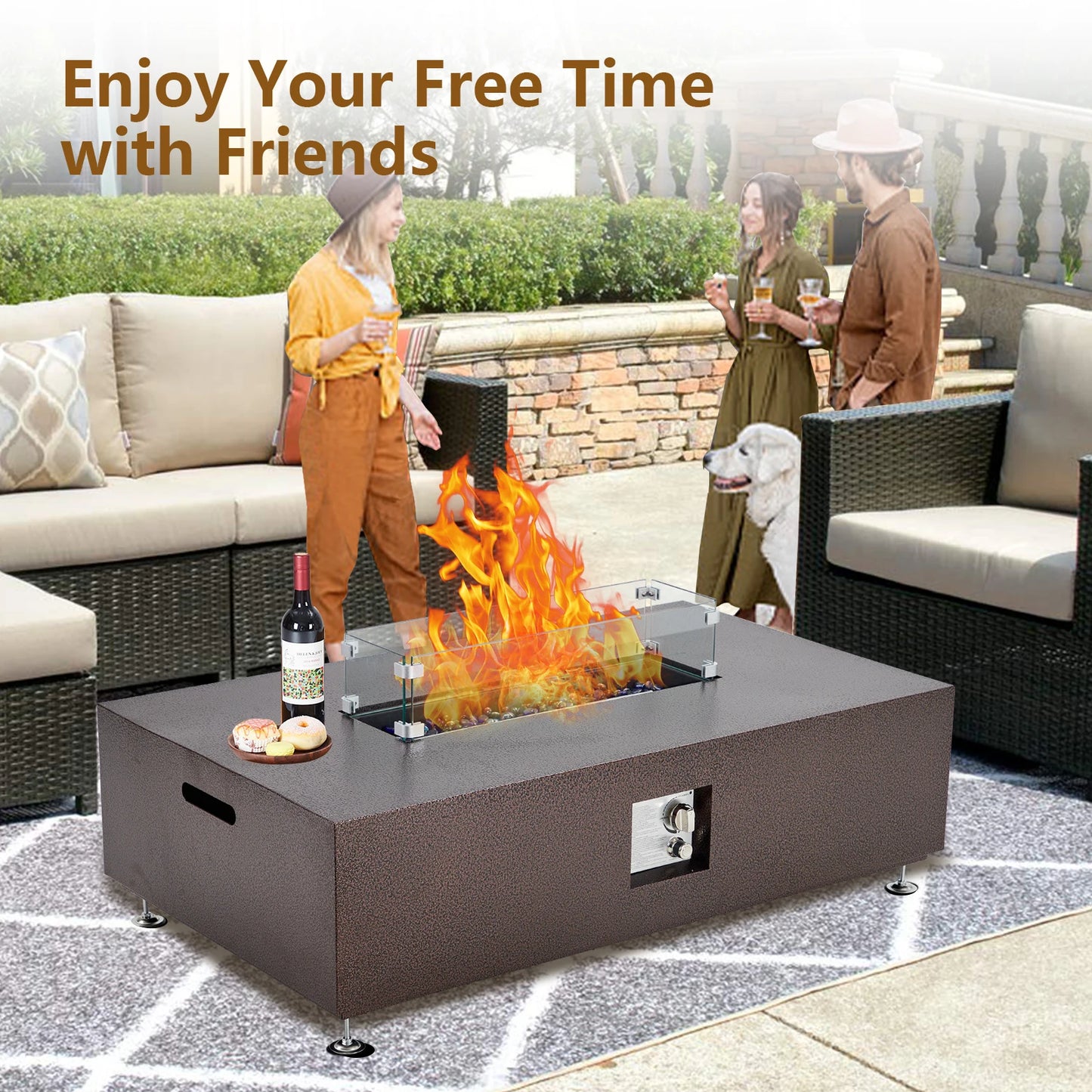 48 Inch Propane Fire Pit Table 50000 BTU with Wind Guard Glass Beads and Rain Cover Steel Outdoor Firepit for Patio Garden