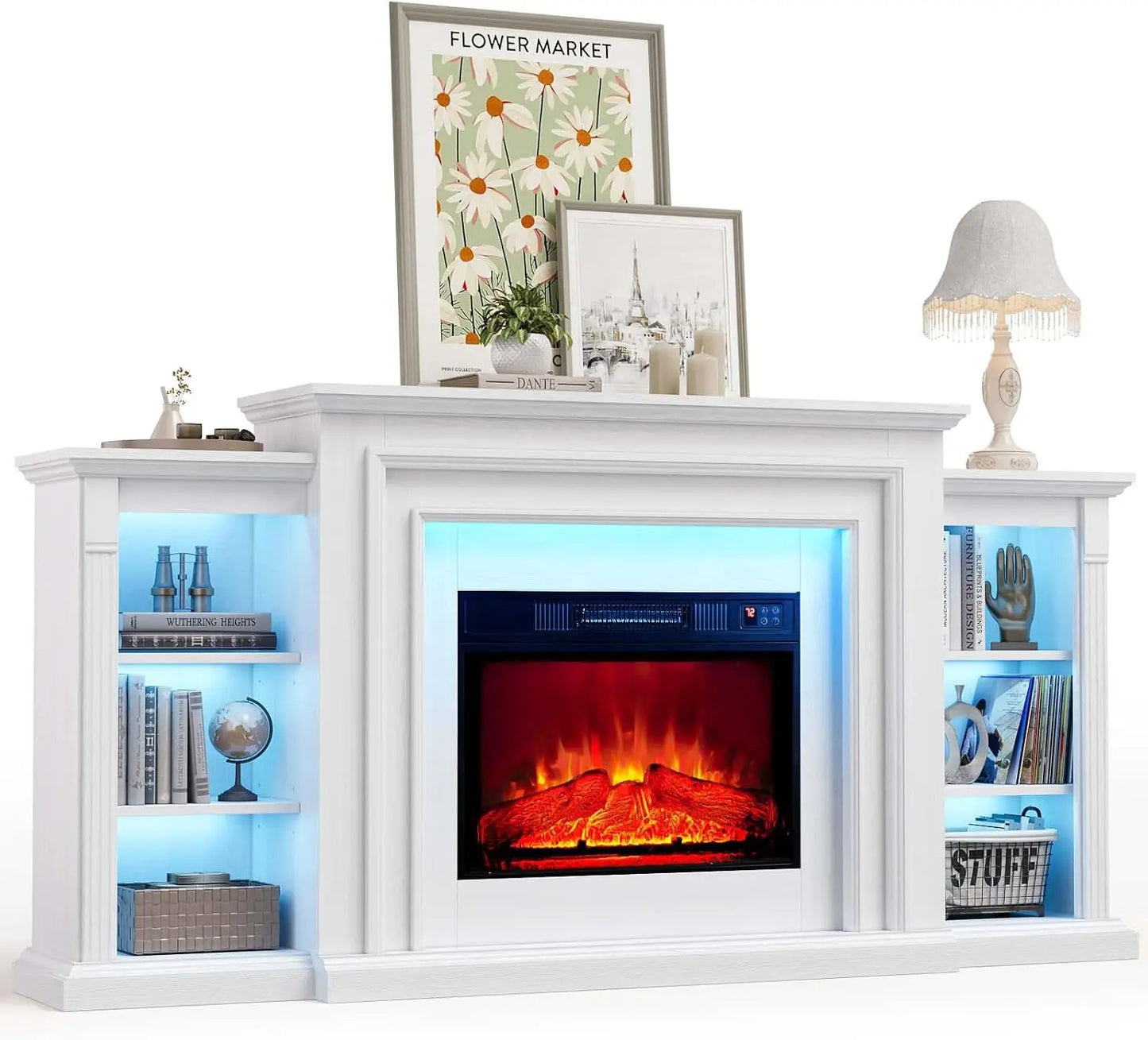 72 Inch LED Lights Electric Fireplace with Mantel Remote Control and Three Dimensional Molding for Living Room