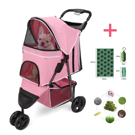 Foldable Pet Stroller With 360 Degree Swivel Wheels Basket