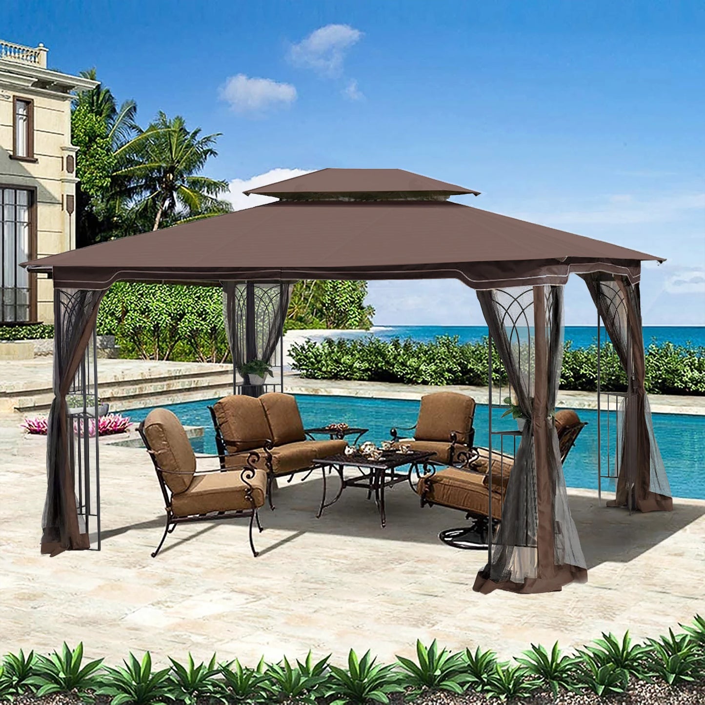 13x10 Ft Outdoor Patio Gazebo Canopy With Mesh Roof