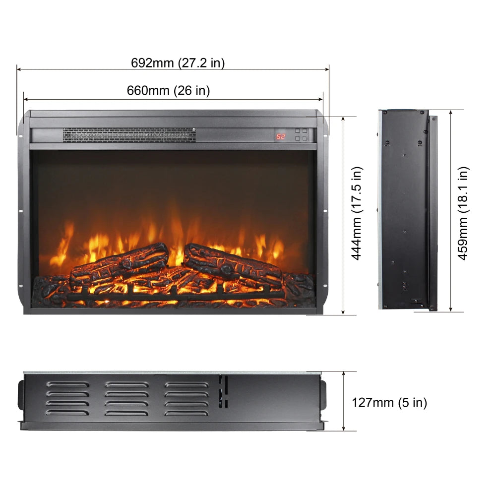 26 Inch Electric Fireplace Insert Ultra Thin Heater With Log Set Realistic Flame Remote Control Timer Overheating Protection