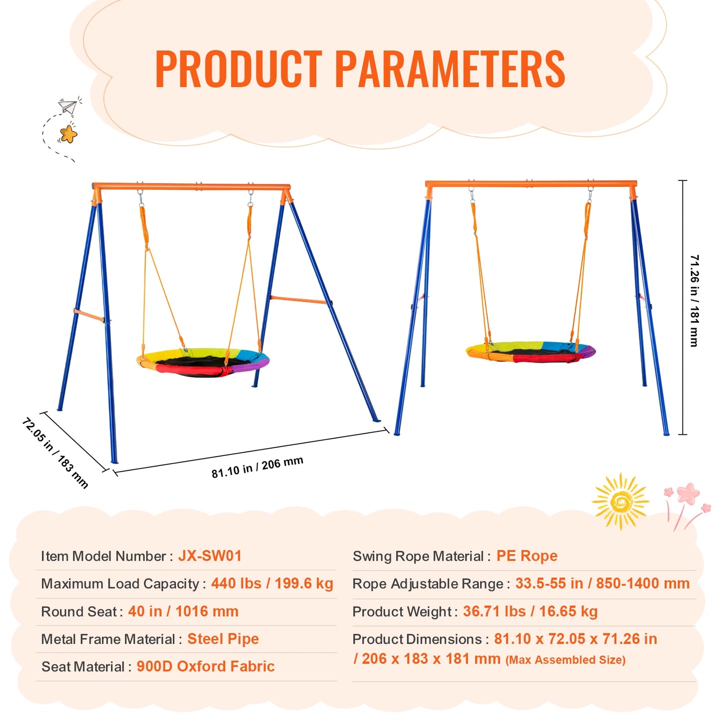 SucceBuy Swing Sets for Backyard 600 Pounds Capacity with 1 Saucer Swing Seat and 2 Belt Swing Seats for Kids Outdoor Play