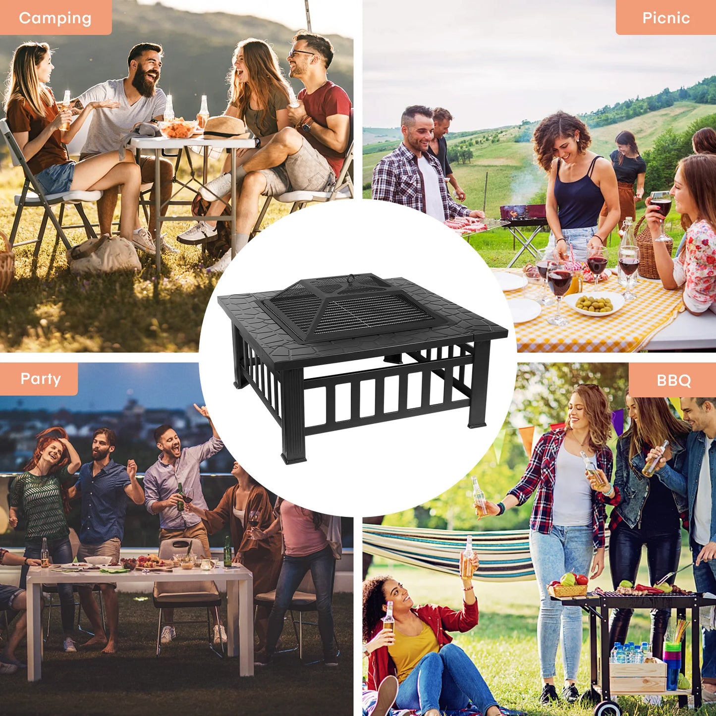 AOOU Steel 32 Inch Square Wood Burning Fire Pit Table Outdoor Patio Firepit Bonfire Party
