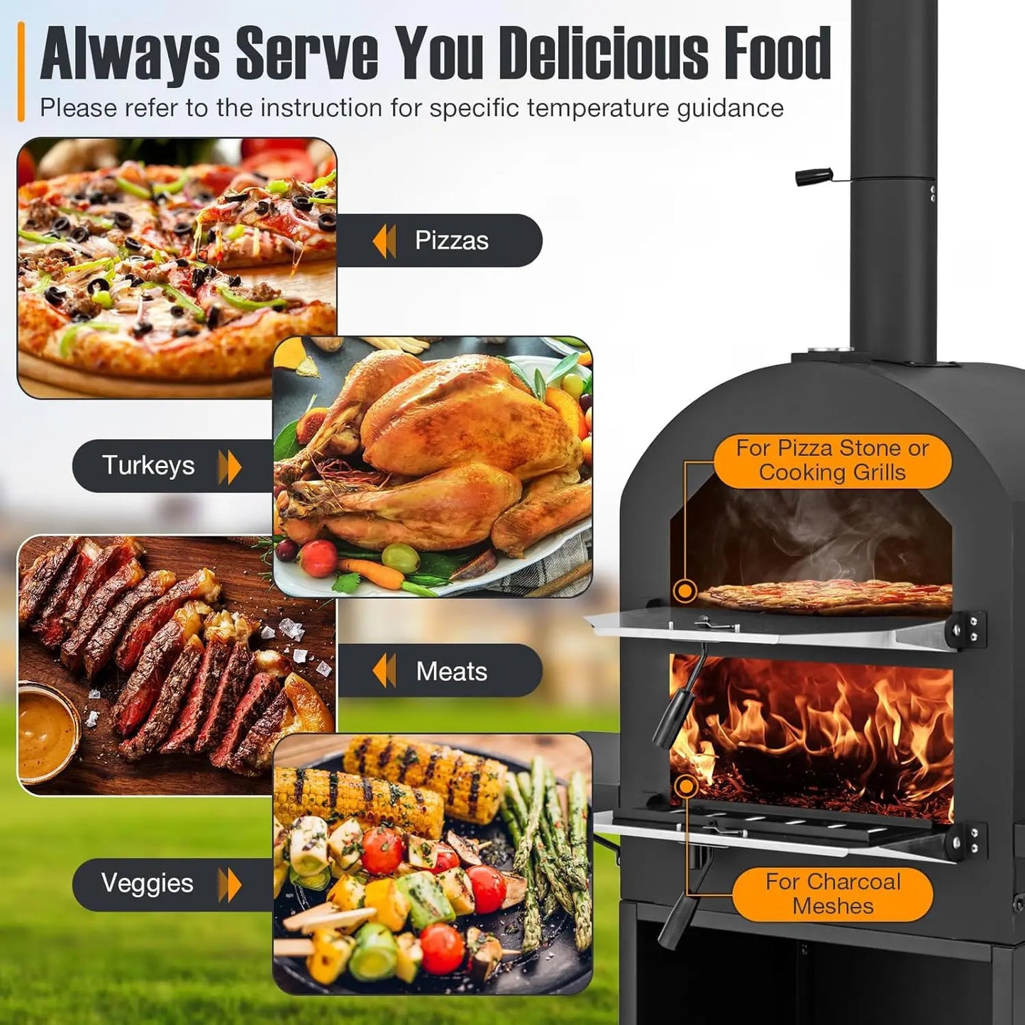 Pizza Oven Outdoor Wood Fired Oven With Two Side Tables Stone Peel Cover Cooking Grids