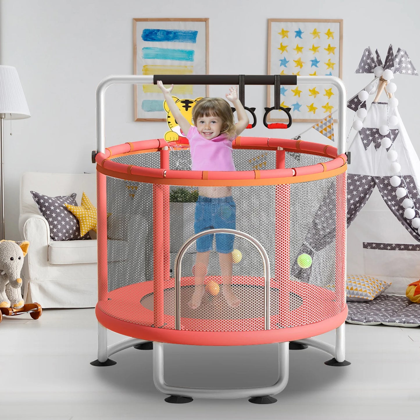 Indoor Trampoline With Protective Net For Adults And Kids 60 Inch Jumping Bed Outdoor Exercise Fitness Equipment