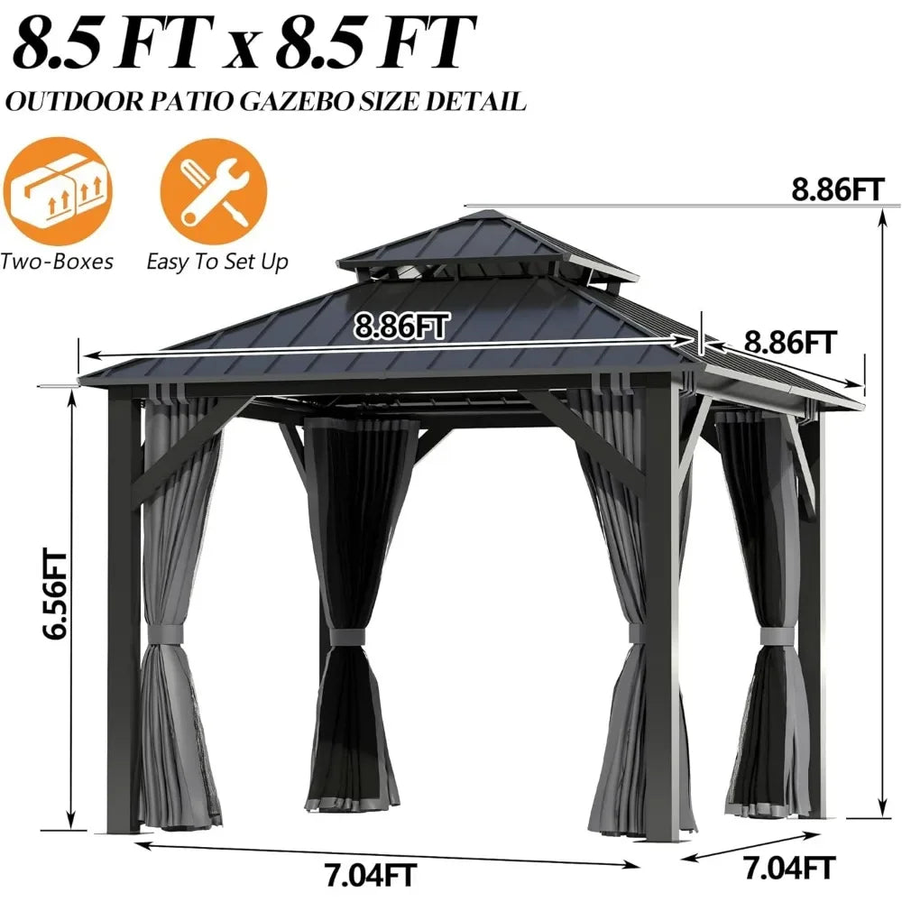 Outdoor Hardtop Gazebo Double Roof Aluminum Steel Netting