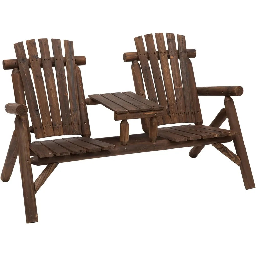 2-Seat Wooden Adirondack Chair Patio Bench with Table Outdoor Loveseat Fire Pit Chair for Porch Backyard Deck Carbonized Wood