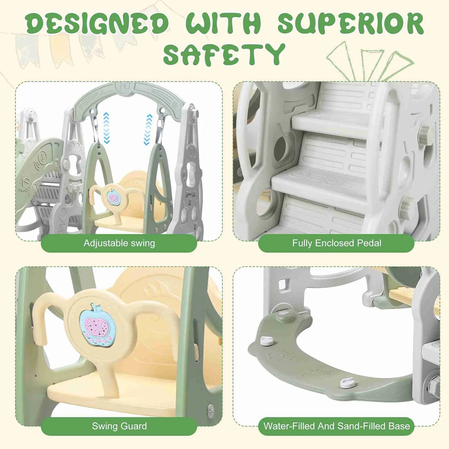 4 In 1 Slide Toy Fully Enclosed Pedal Enhanced Safety Easy Setup Playground Slide Swing Playset Green