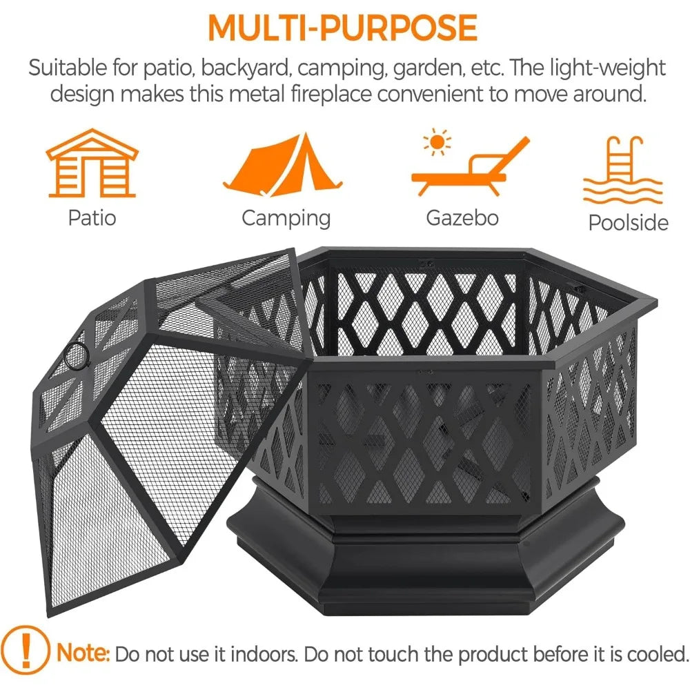 28 Inch Hex Shaped Fire Bowl Large Wood Burning Outdoor Fire Pit with Spark Screen and Poker for Bonfire Picnic BBQ