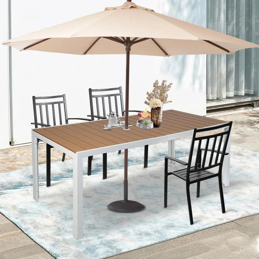 Outdoor Dining Table for 8 Person 71 Inch Aluminum Patio Dining Table with Adjustable Umbrella Hole Slat Rectangle Table Brown and White