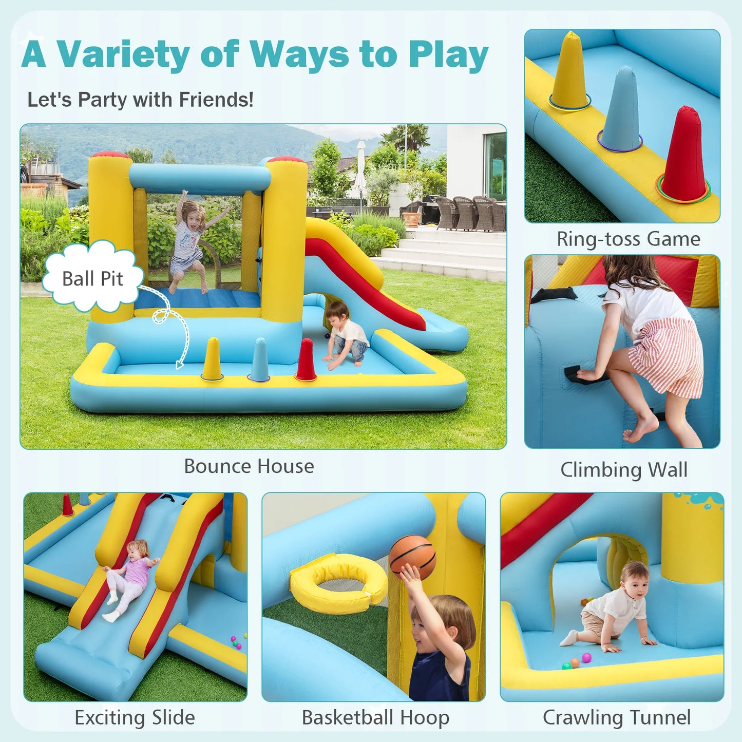 Inflatable Bounce House 7 in 1 Giant Bouncy Castle with Slide Tunnel Basketball Hoop and Ring Toss Game
