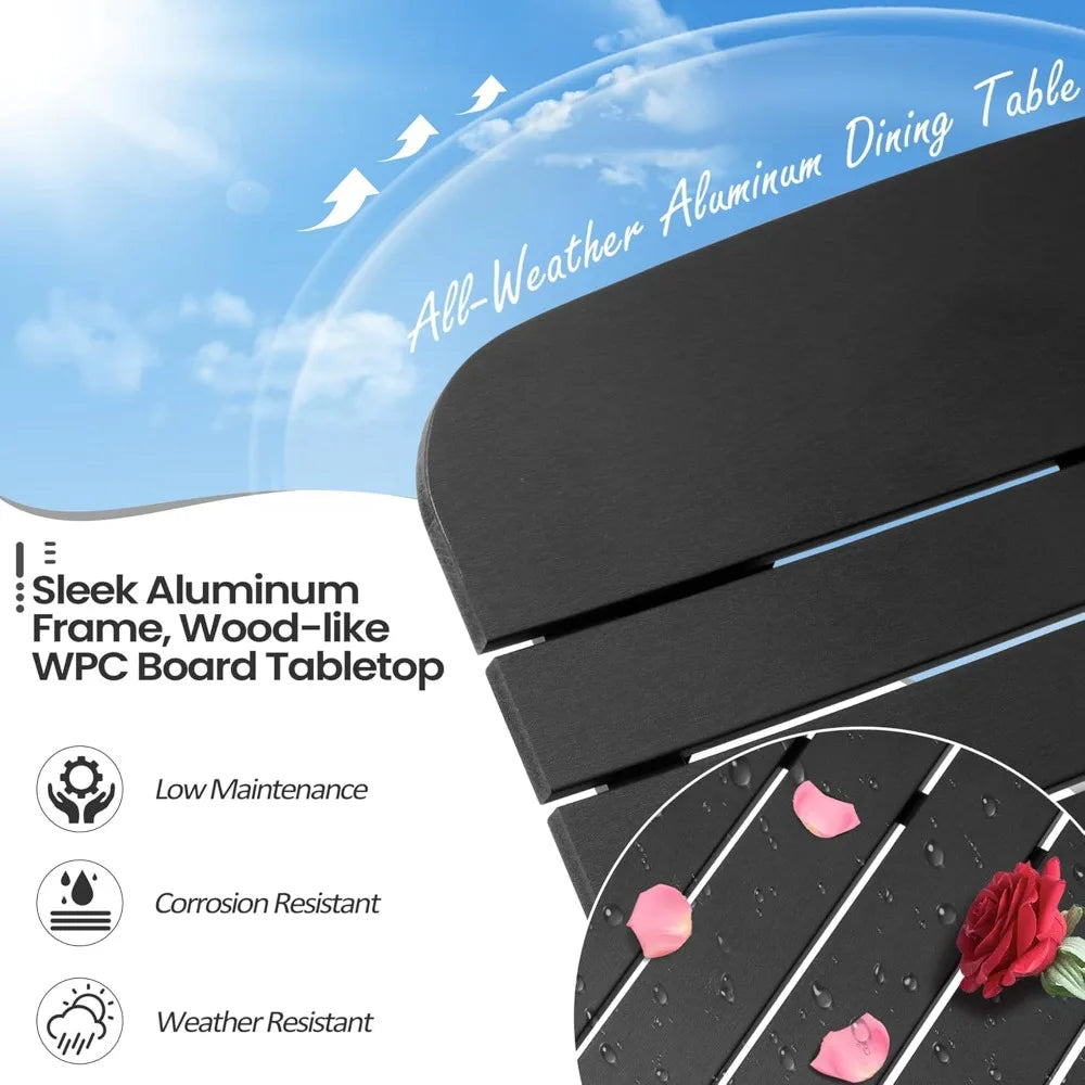 Black Outdoor Dining Table 70 Inch Patio Rectangle Table with Umbrella Hole Aluminum Frame for 4 to 6 People