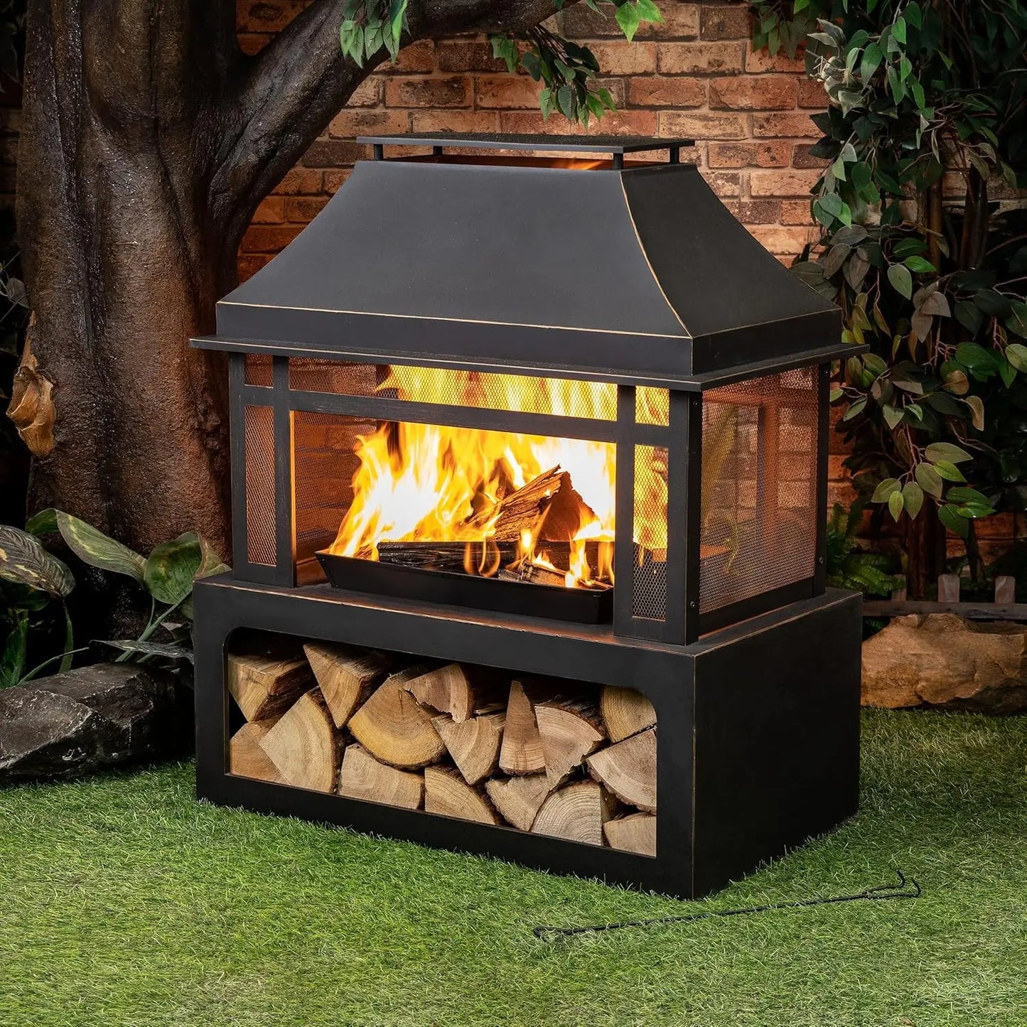 Outdoor Wood Burning Fireplace with Wood Storage and Removable Fire Grill 40 Inch Large Metal Wicker Base Fire Pit for Patio