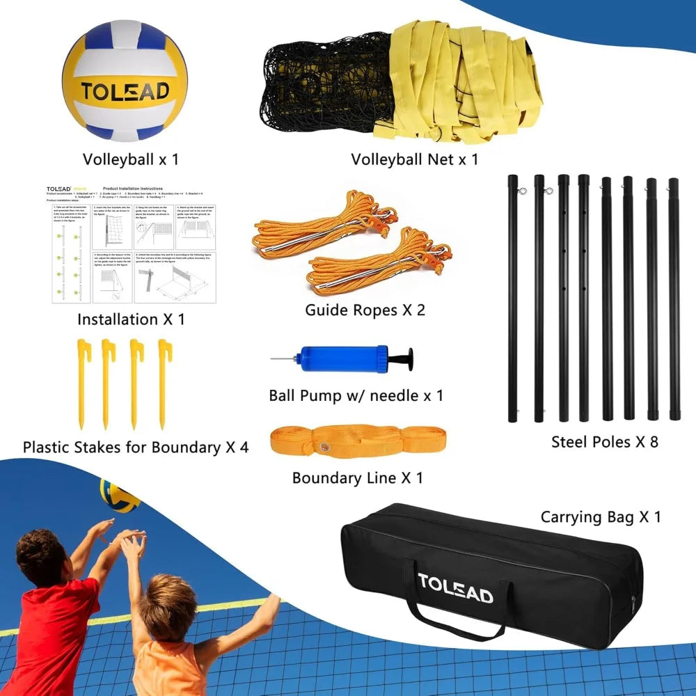 Portable Volleyball Net Set with Height Adjustable Poles Volleyball Ball Pump Boundary Line and Carrying Bag for Outdoor Use
