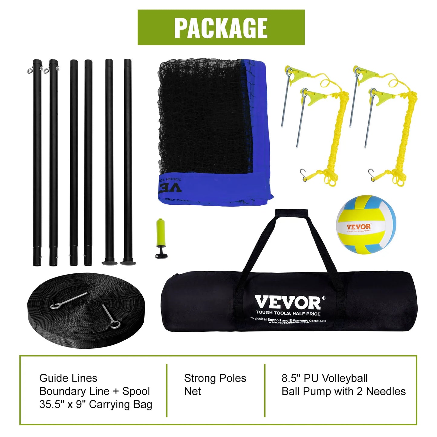 VEVOR 1.25 to 1.75 Inch Outdoor Portable Volleyball Net System Adjustable Height Aluminum Poles Volleyball Set with Pump and Carrying Bag