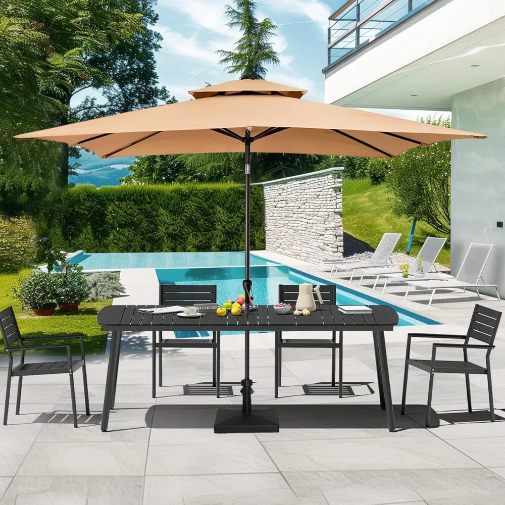 Black Outdoor Dining Table 70 Inch Patio Rectangle Table with Umbrella Hole Aluminum Frame for 4 to 6 People