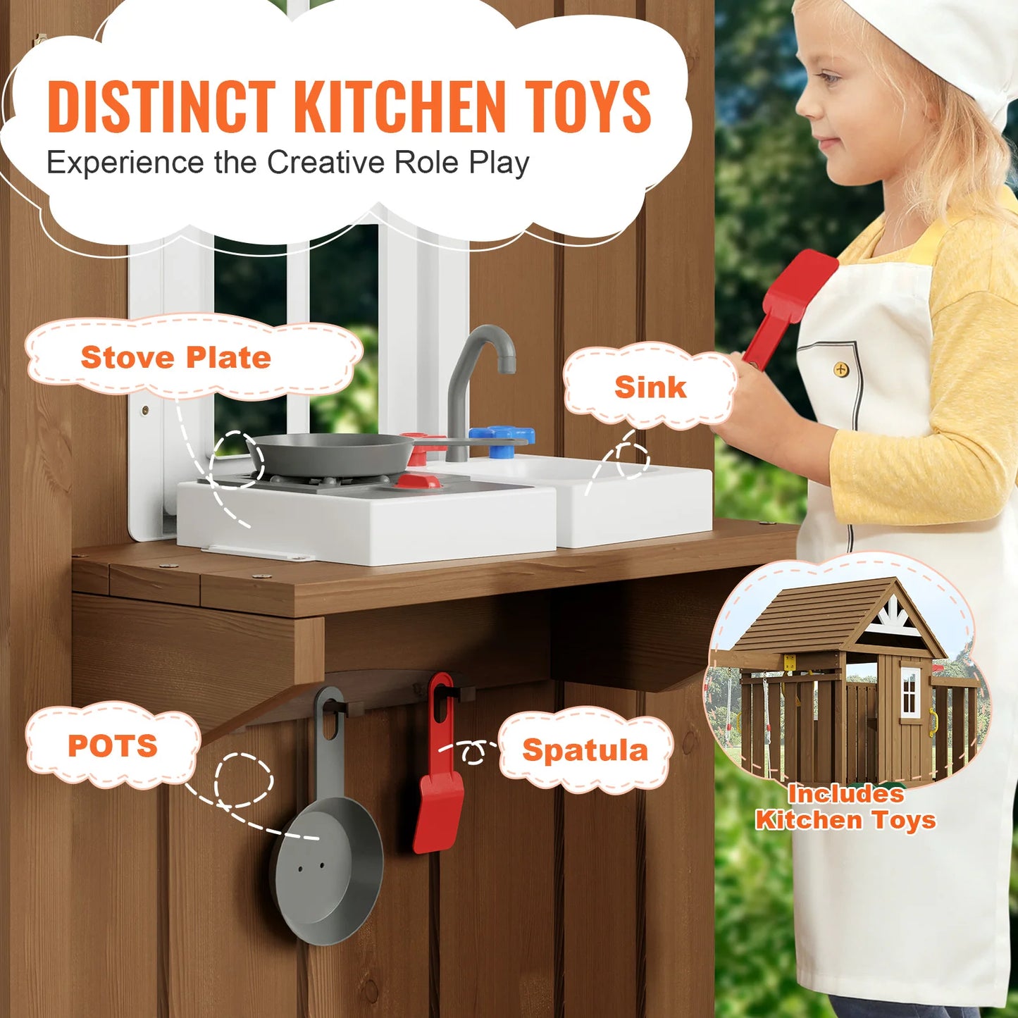 VEVOR Wooden Swing Set 9 in 1 Outdoor Playground Set for Backyards with 2 Swings Trapeze Bar and 6 FT Slide Large Upper Fort