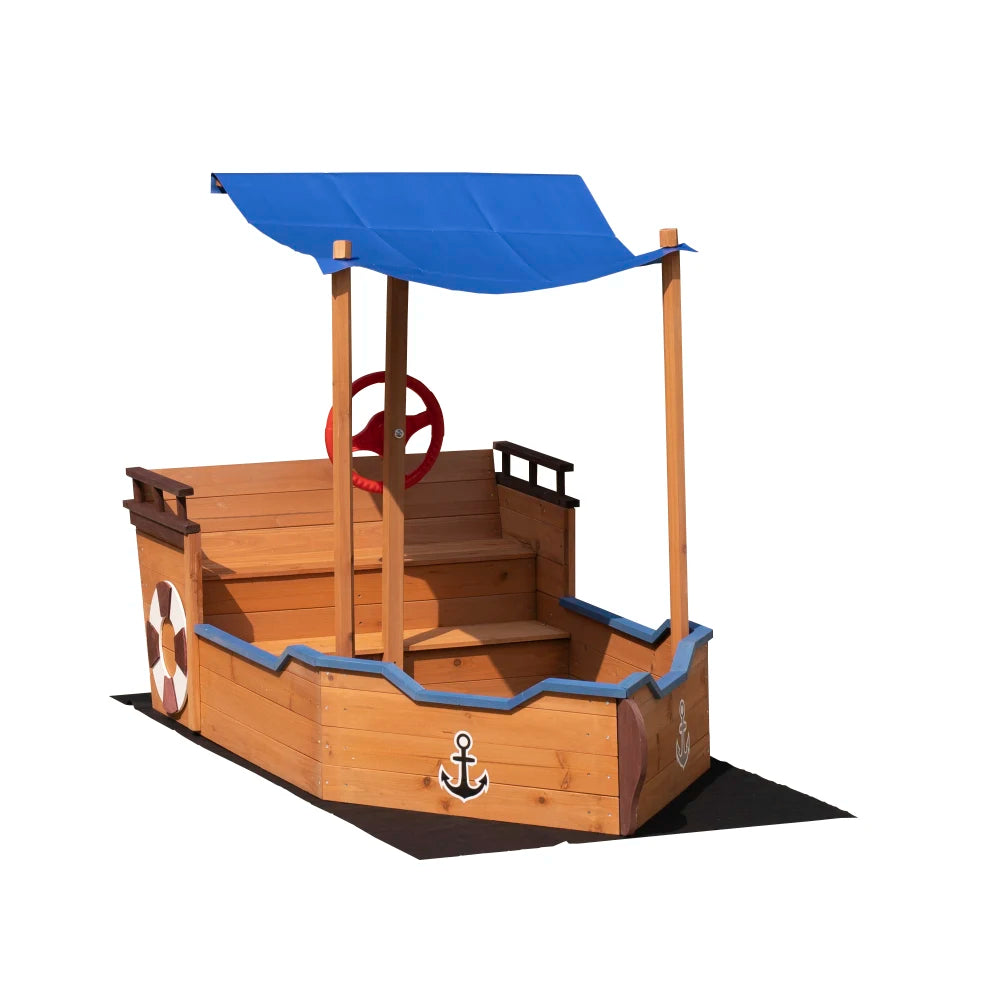 Outsunny Pirate Ship Sandbox with Cover and Rudder Wooden Sandbox with Storage Bench and Seat Outdoor Toy for Kids Ages 3 to 8